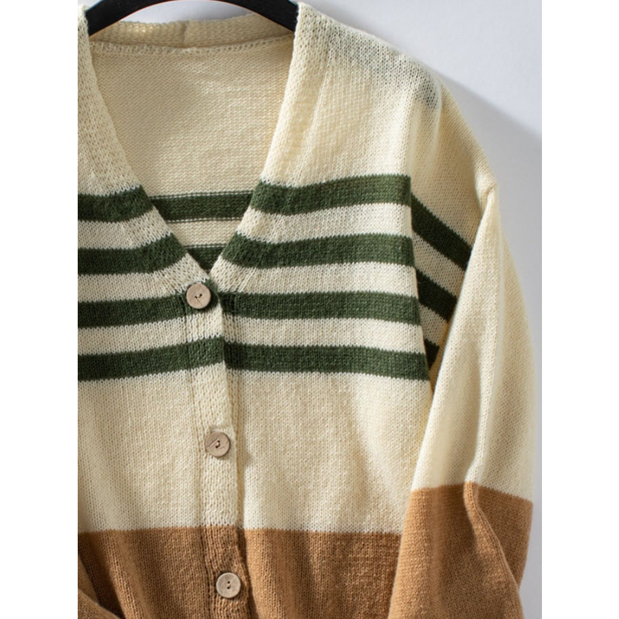 Color Block V-Neck Button Down Long Sleeve Cardigan Apparel and Accessories