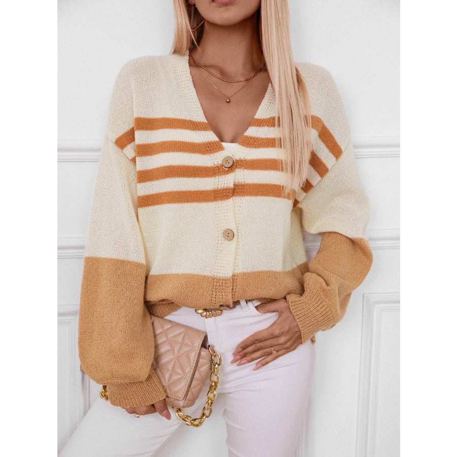 Color Block V-Neck Button Down Long Sleeve Cardigan Caramel / S Apparel and Accessories