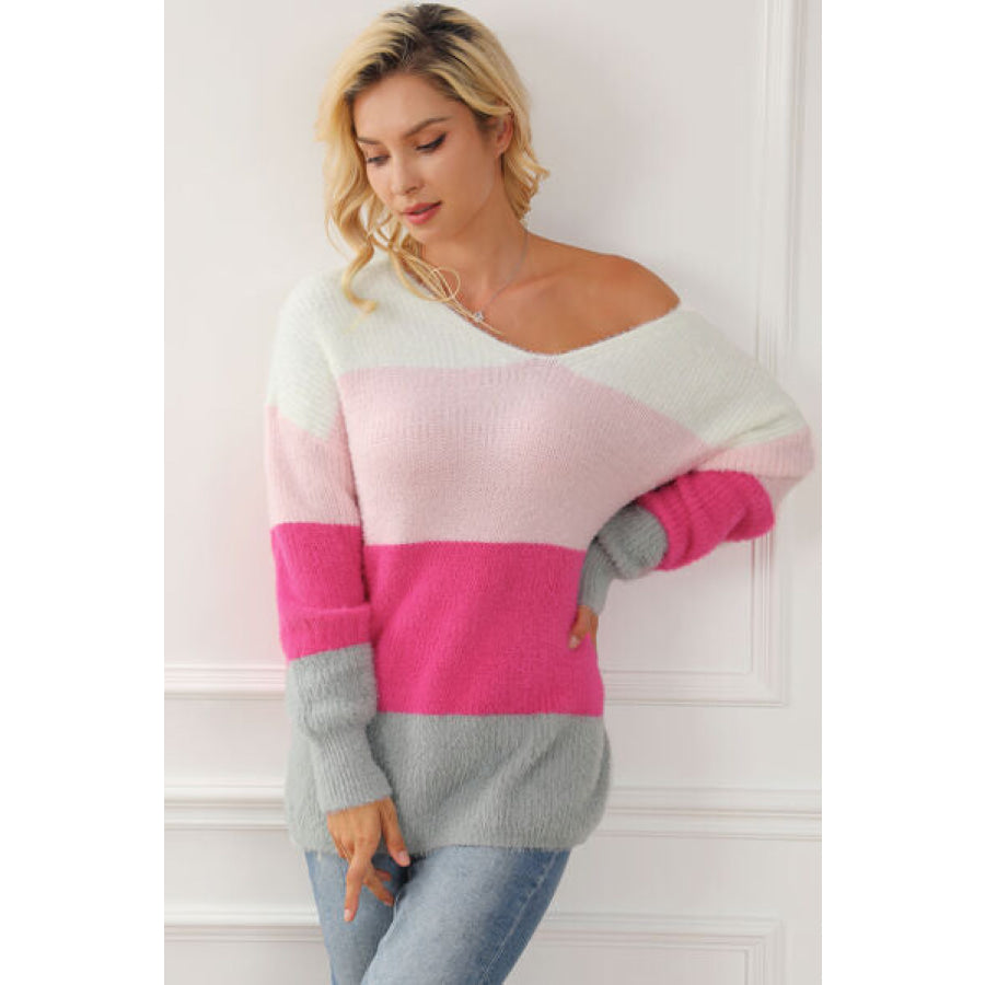 Color Block V-Neck Dropped Shoulder Sweater Apparel and Accessories