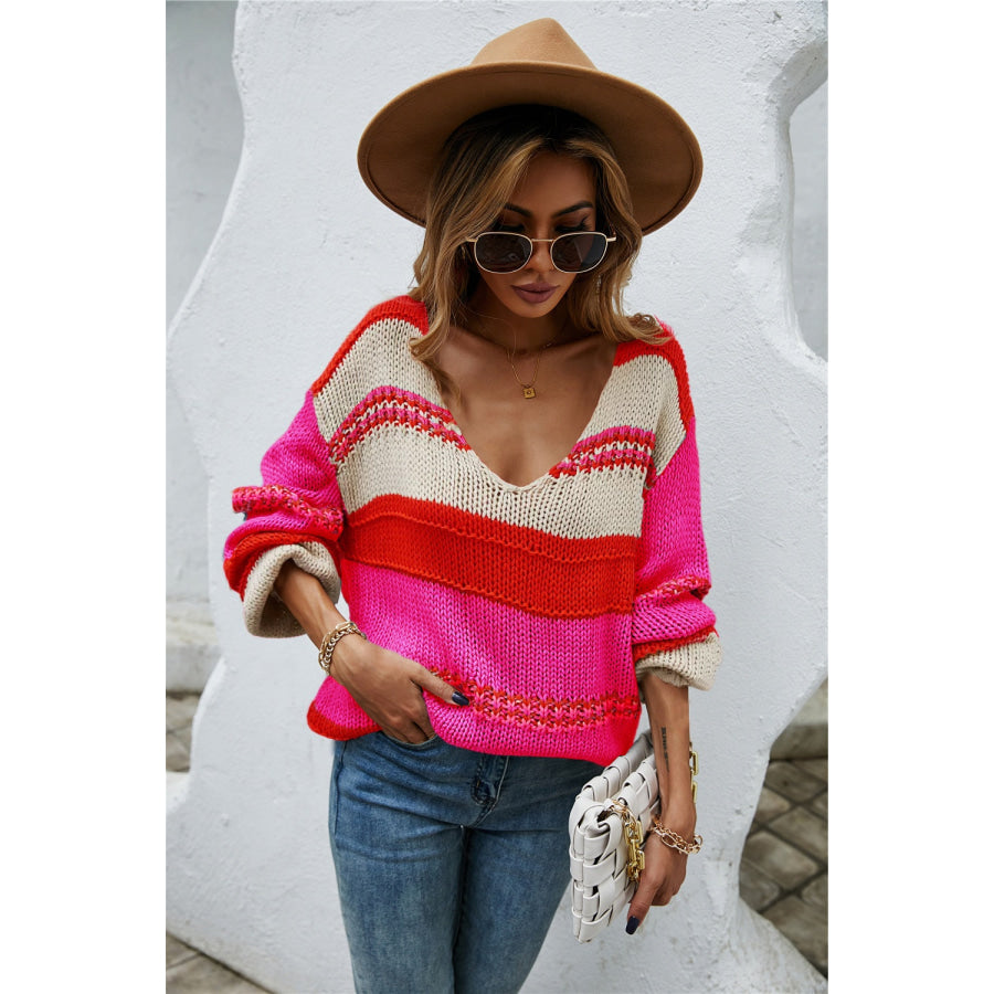 Color Block V - Neck Dropped Shoulder Sweater Apparel and Accessories