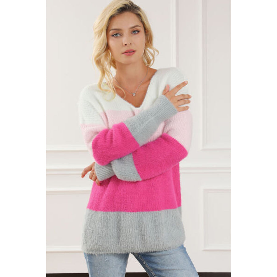 Color Block V-Neck Dropped Shoulder Sweater Apparel and Accessories
