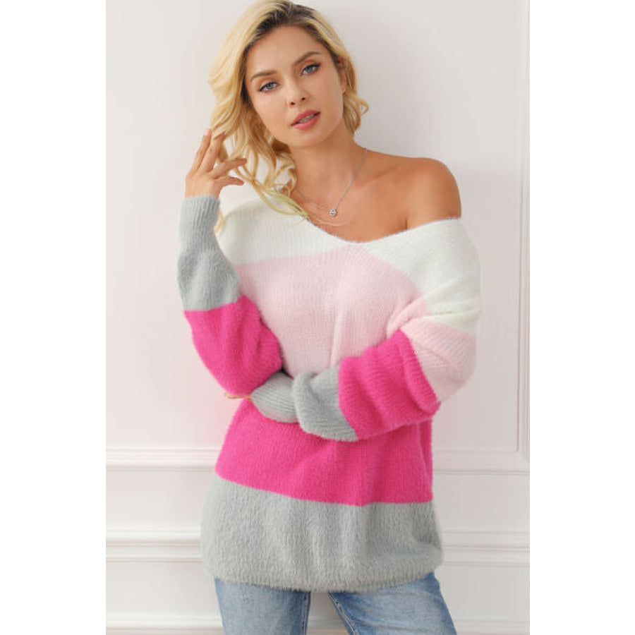 Color Block V-Neck Dropped Shoulder Sweater Apparel and Accessories