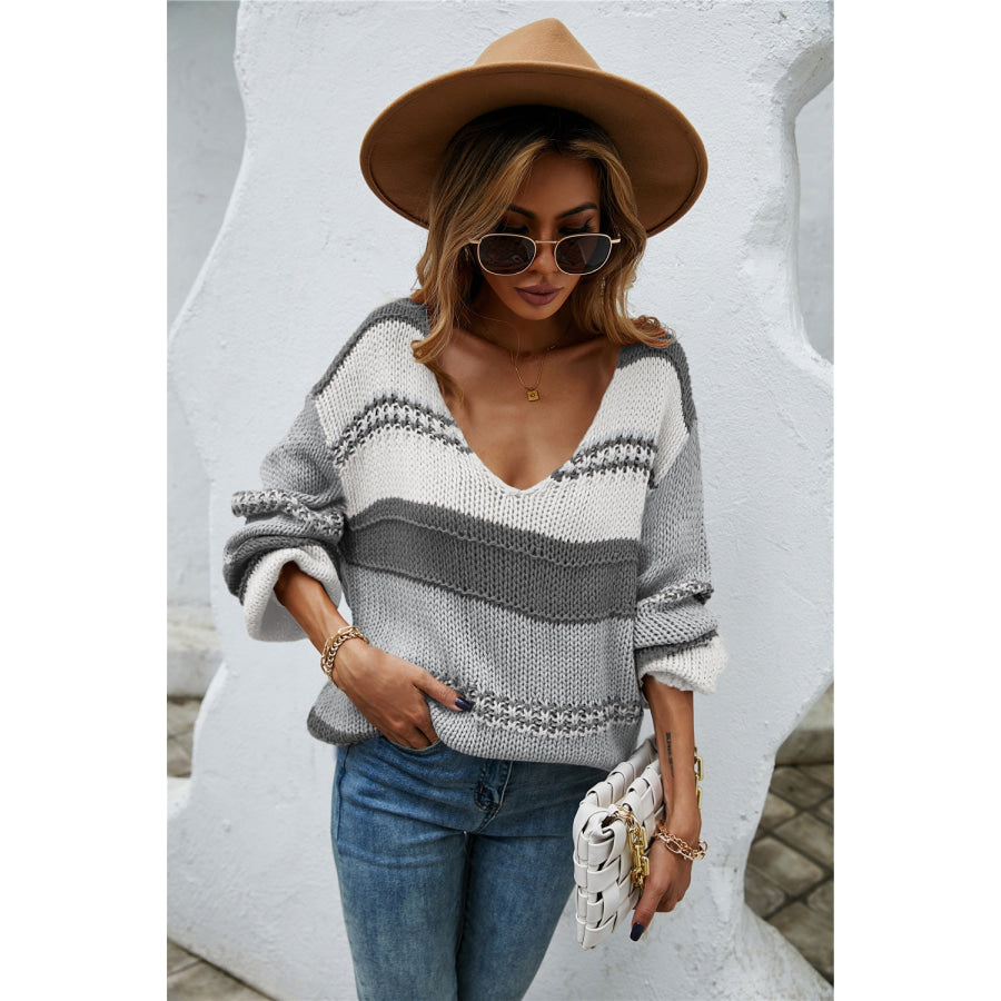 Color Block V - Neck Dropped Shoulder Sweater Charcoal / S Apparel and Accessories