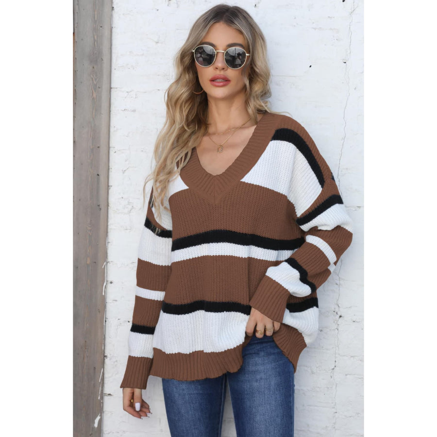 Color Block V-Neck Dropped Shoulder Sweater Chocolate / One Size