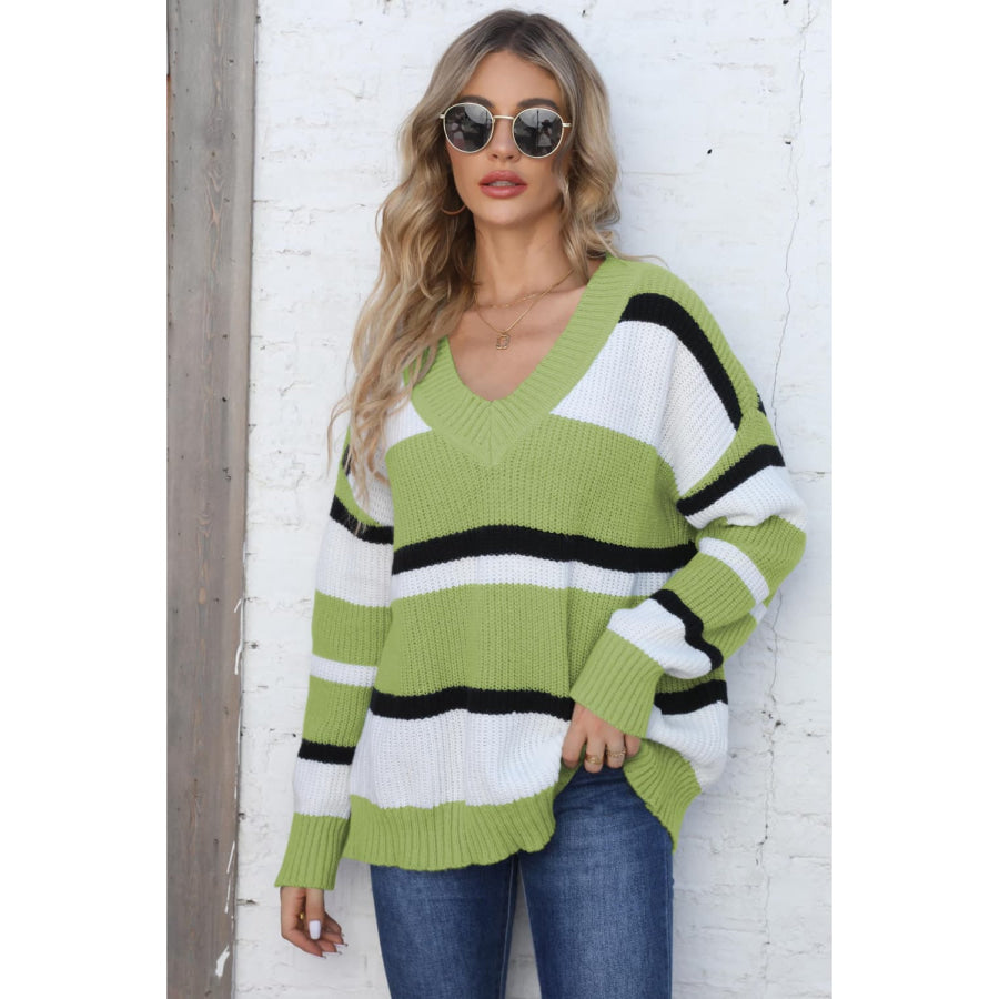 Color Block V-Neck Dropped Shoulder Sweater Lime / One Size