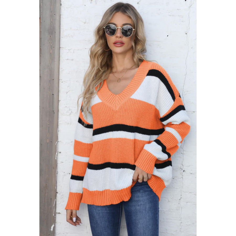 Color Block V-Neck Dropped Shoulder Sweater Tangerine / One Size