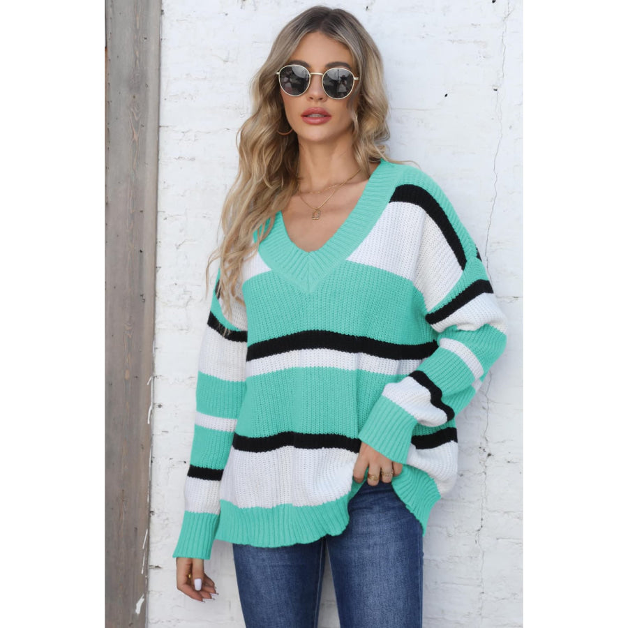Color Block V-Neck Dropped Shoulder Sweater Tiffany Blue / One Size