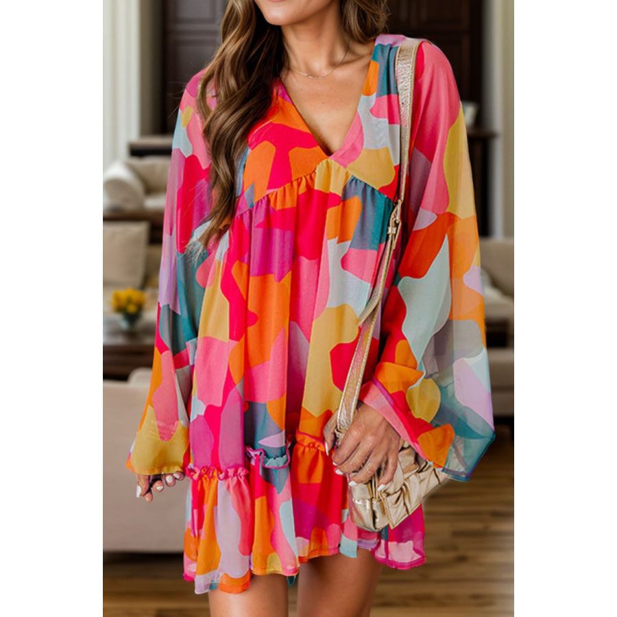 Color Block V-Neck Long Sleeve Dress Orange / S Apparel and Accessories