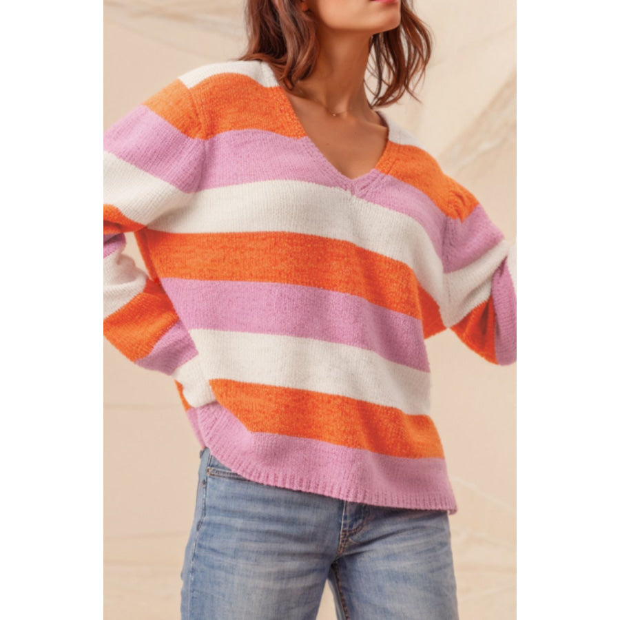 Color Block V-Neck Long Sleeve Sweater Apparel and Accessories