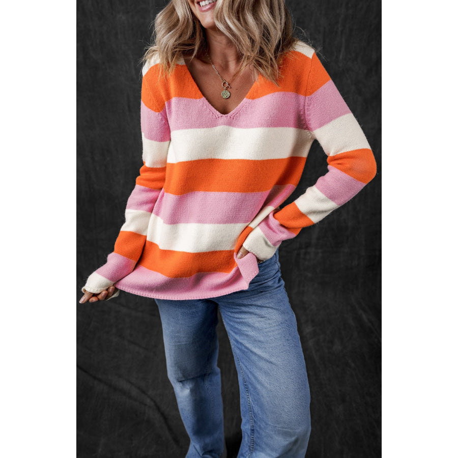 Color Block V-Neck Long Sleeve Sweater Apparel and Accessories