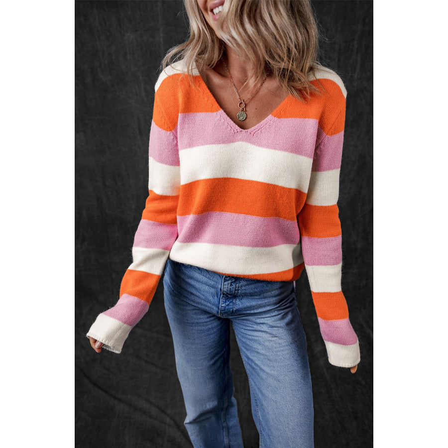 Color Block V-Neck Long Sleeve Sweater Apparel and Accessories