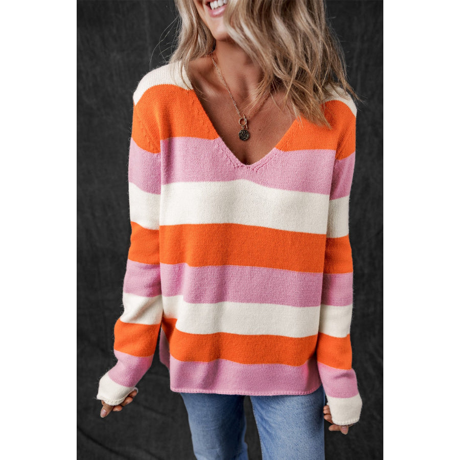 Color Block V-Neck Long Sleeve Sweater Apparel and Accessories