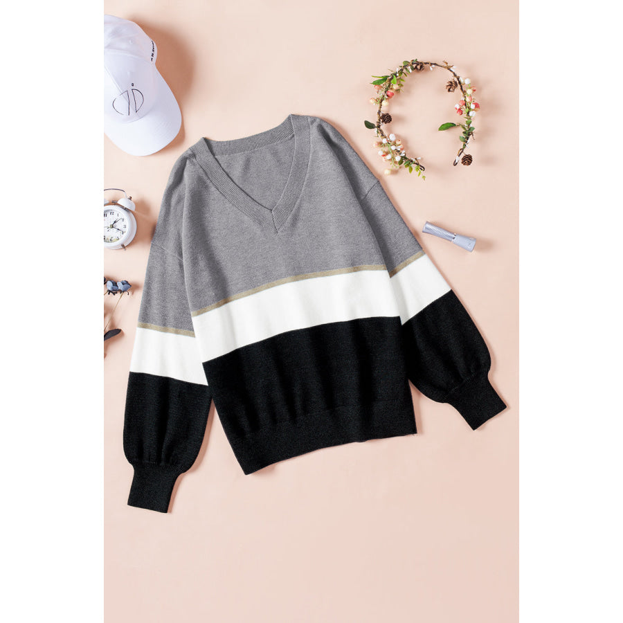 Color Block V Neck Long Sleeve Sweater Apparel and Accessories