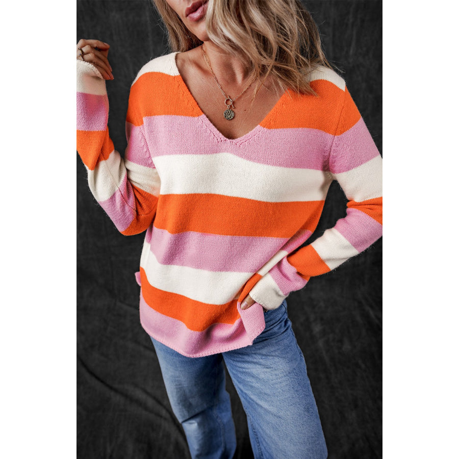 Color Block V-Neck Long Sleeve Sweater Blush Pink / S Apparel and Accessories