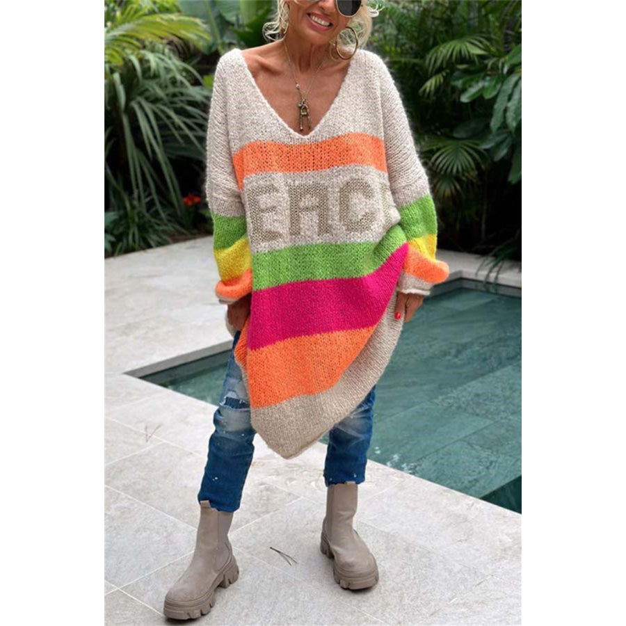 Color Block V-Neck Long Sleeve Sweater Dress Apparel and Accessories