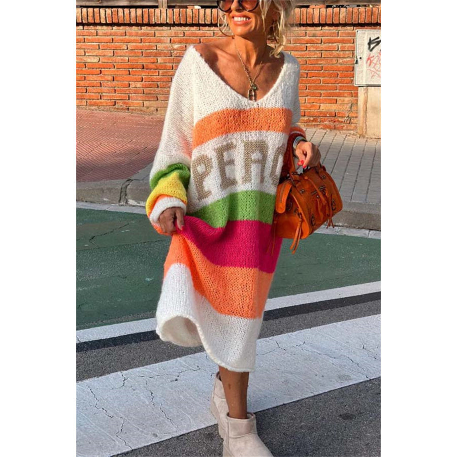 Color Block V-Neck Long Sleeve Sweater Dress Apparel and Accessories