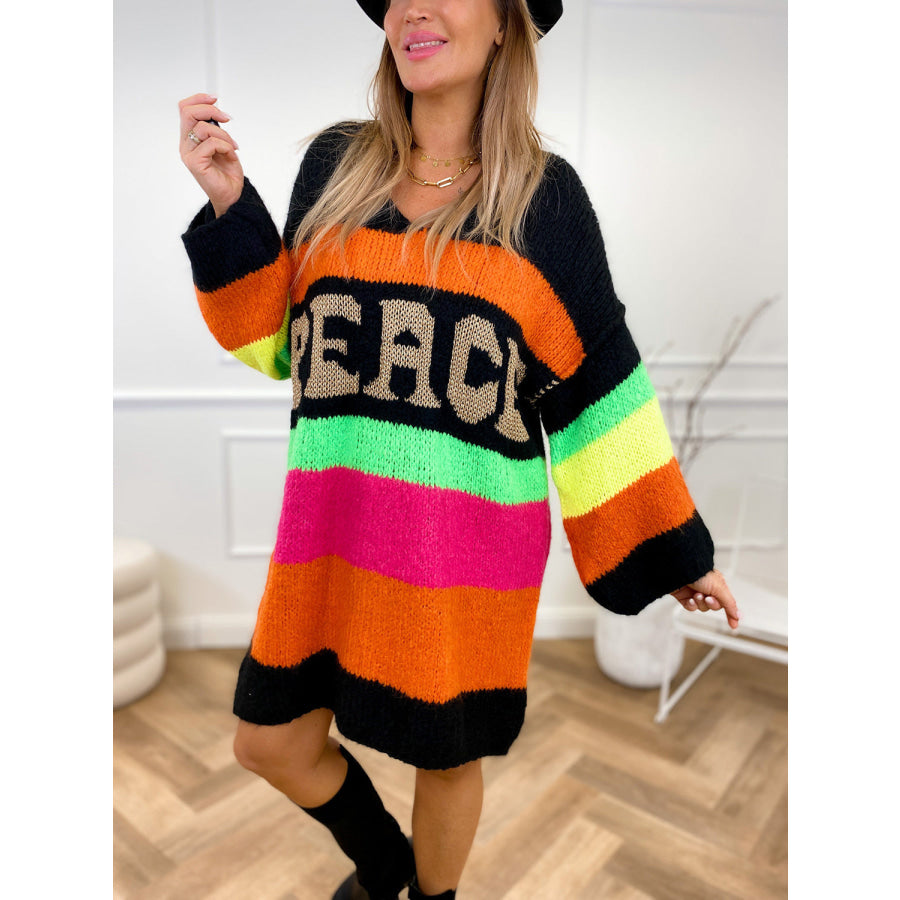 Color Block V-Neck Long Sleeve Sweater Dress Apparel and Accessories
