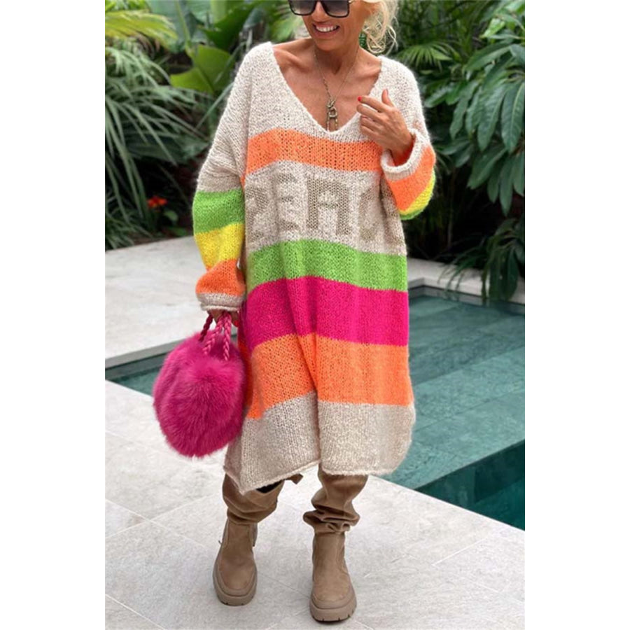 Color Block V-Neck Long Sleeve Sweater Dress Mocha / S/M Apparel and Accessories