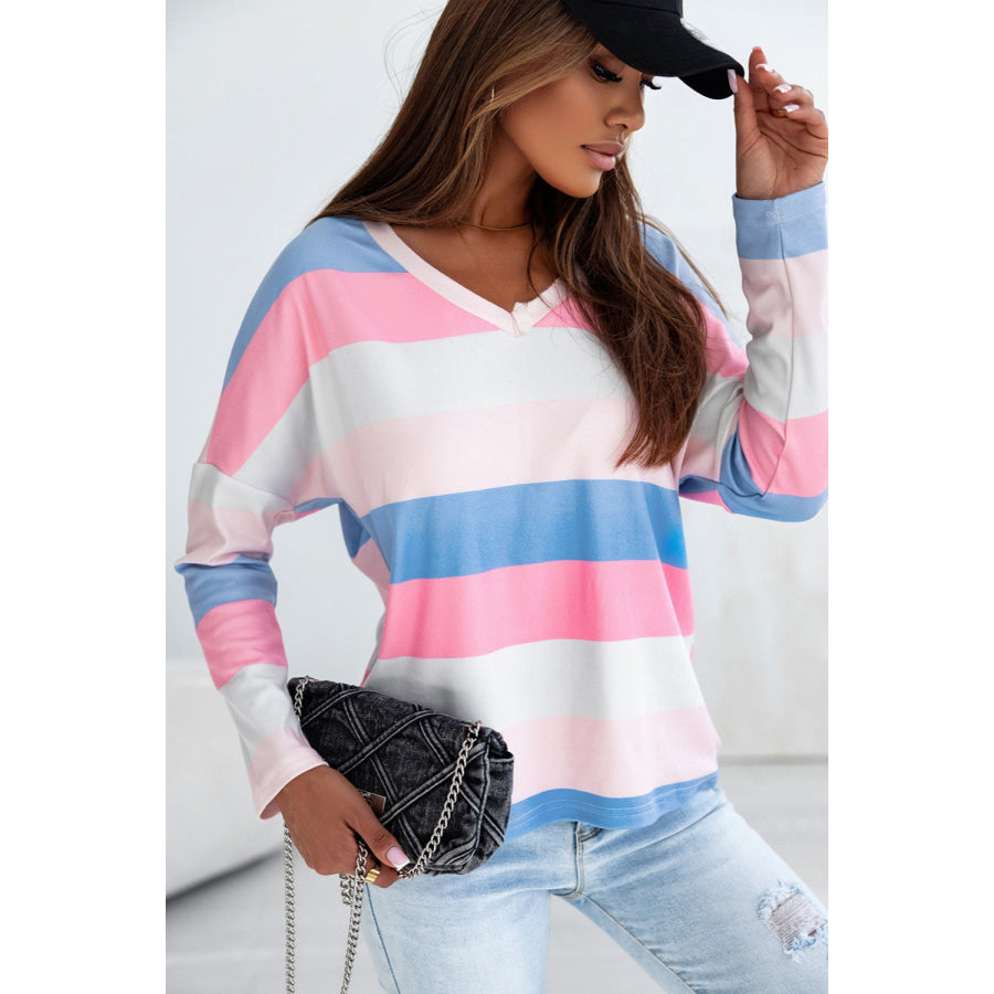 Color Block V-Neck Long Sleeve T-Shirt Apparel and Accessories
