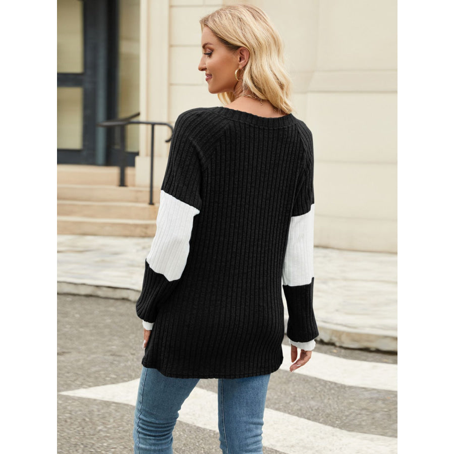 Color Block V-Neck Long Sleeve T-Shirt Apparel and Accessories