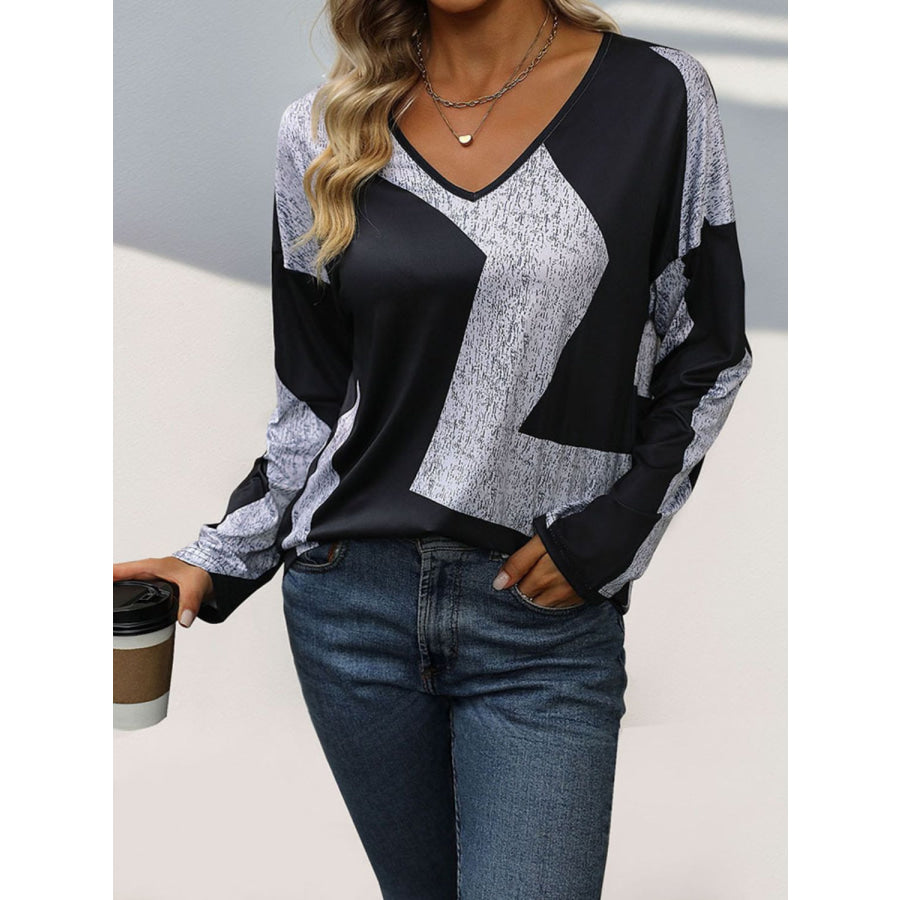 Color Block V-Neck Long Sleeve T-Shirt Apparel and Accessories