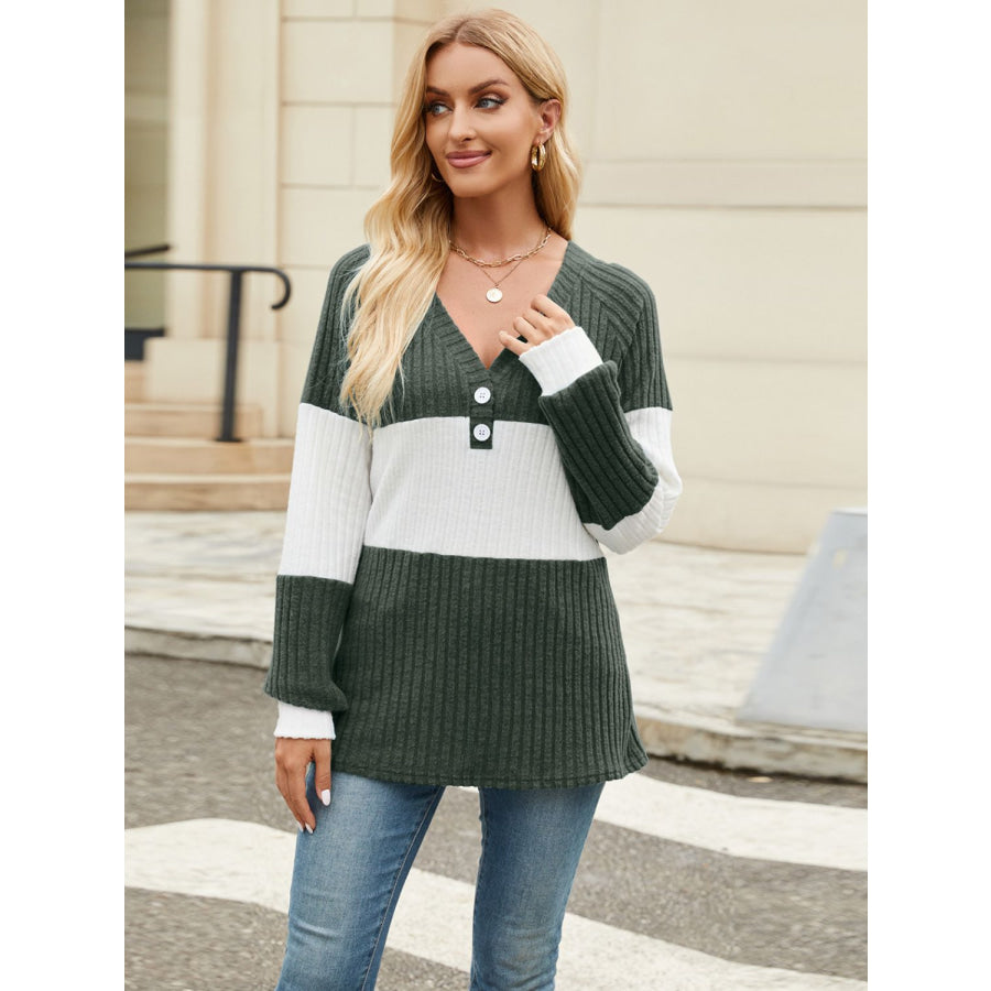 Color Block V-Neck Long Sleeve T-Shirt Apparel and Accessories