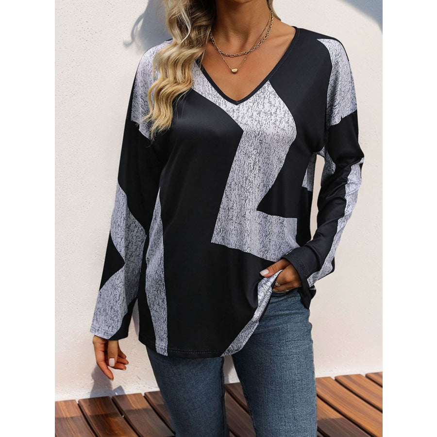 Color Block V-Neck Long Sleeve T-Shirt Apparel and Accessories