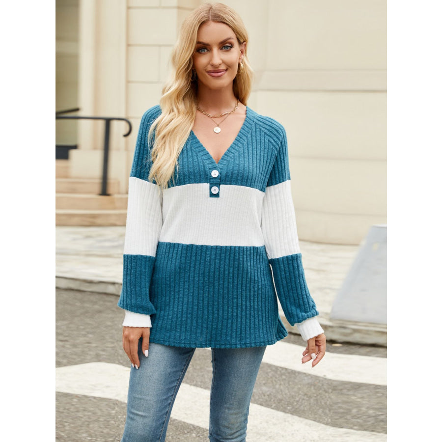 Color Block V-Neck Long Sleeve T-Shirt Apparel and Accessories