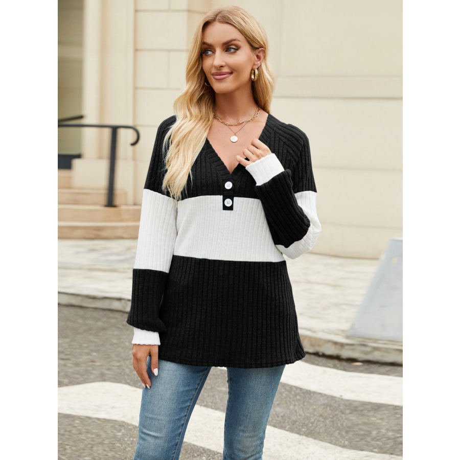 Color Block V-Neck Long Sleeve T-Shirt Apparel and Accessories