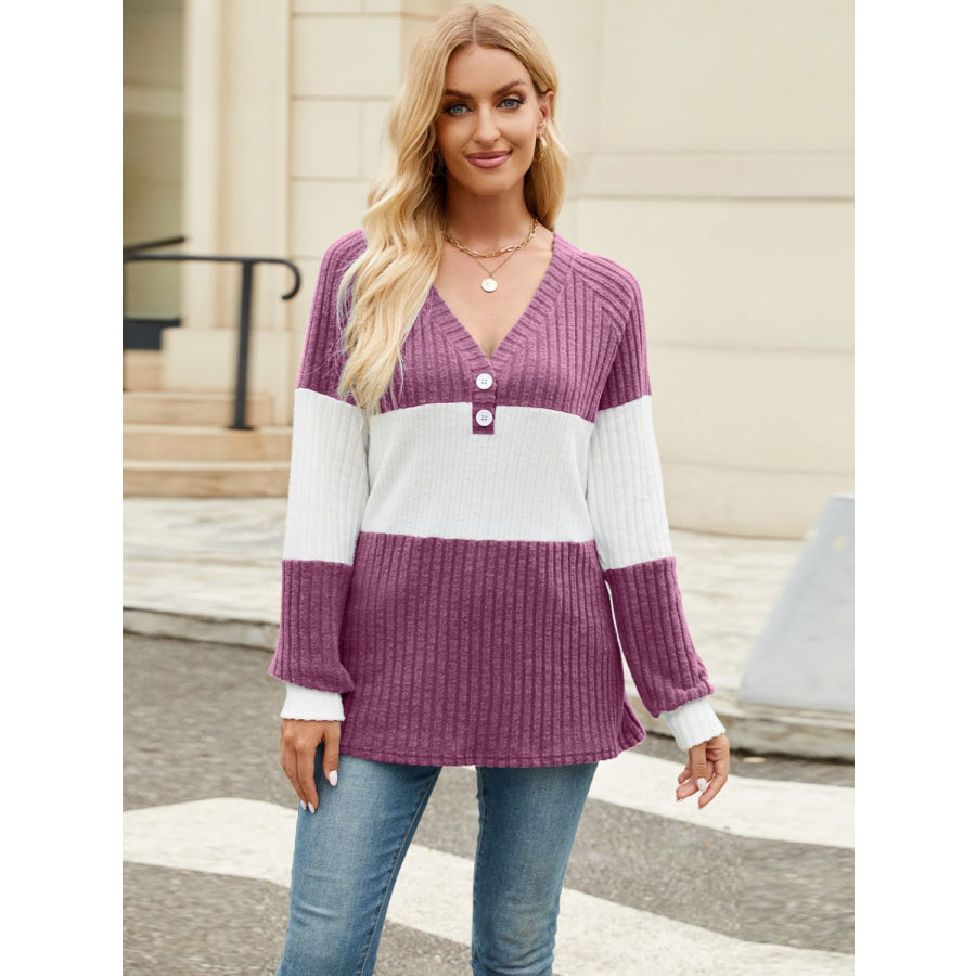 Color Block V-Neck Long Sleeve T-Shirt Apparel and Accessories