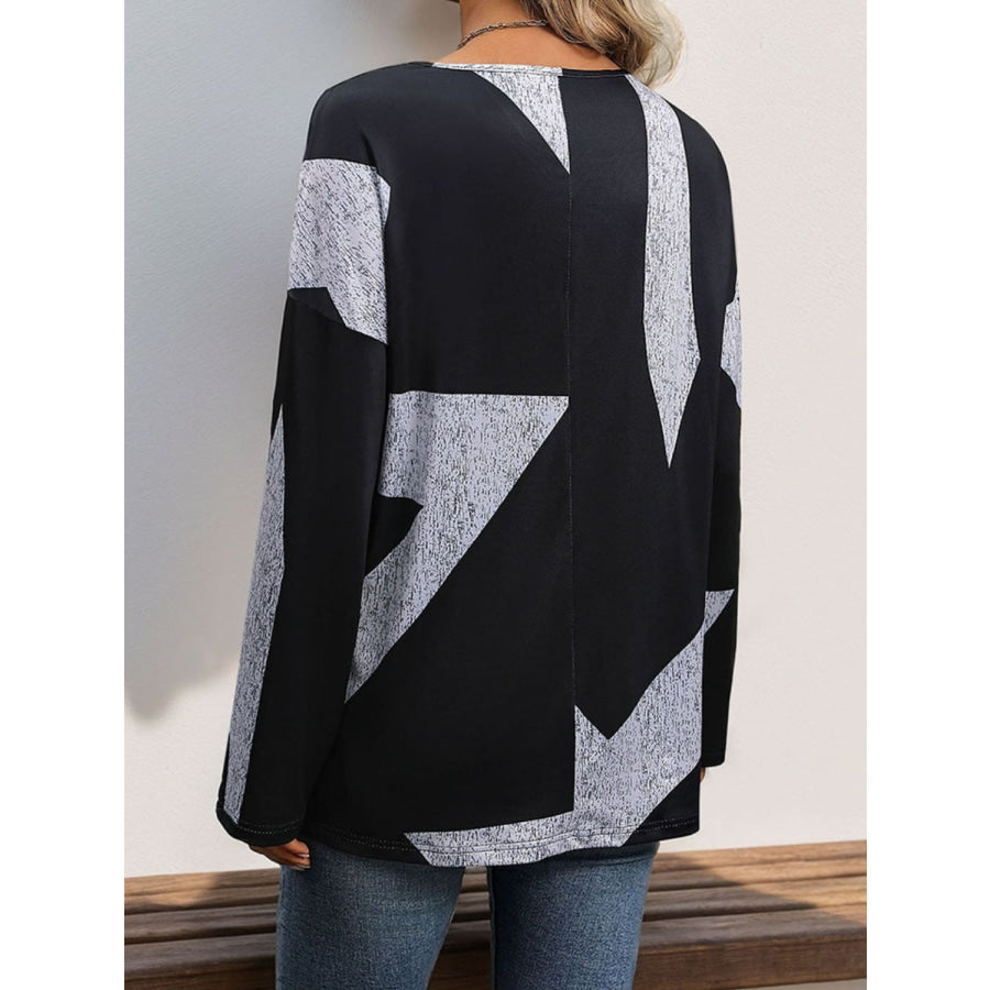 Color Block V-Neck Long Sleeve T-Shirt Black / S Apparel and Accessories