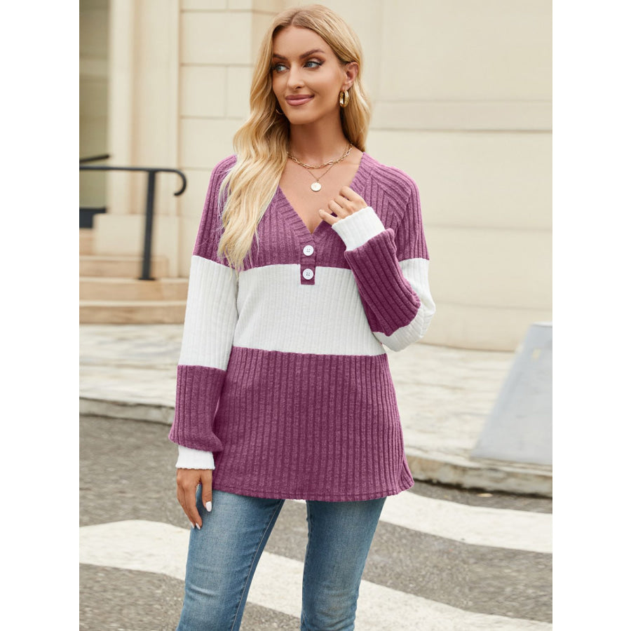 Color Block V-Neck Long Sleeve T-Shirt Apparel and Accessories