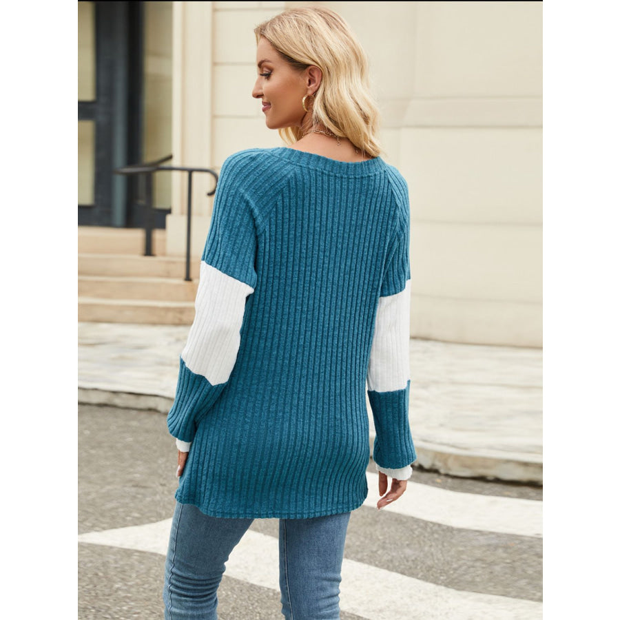 Color Block V-Neck Long Sleeve T-Shirt Apparel and Accessories