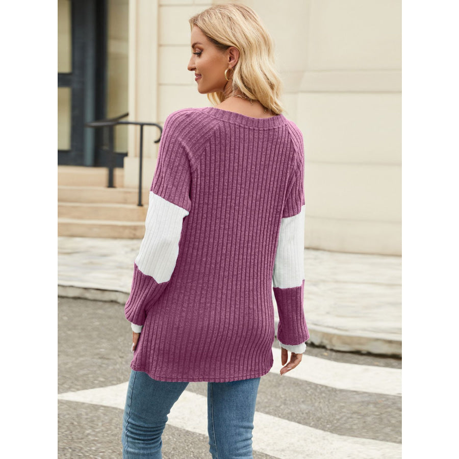 Color Block V-Neck Long Sleeve T-Shirt Apparel and Accessories