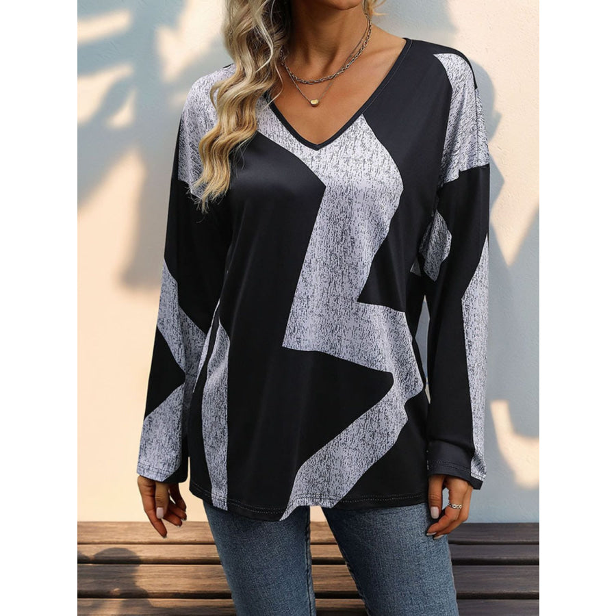 Color Block V-Neck Long Sleeve T-Shirt Black / S Apparel and Accessories