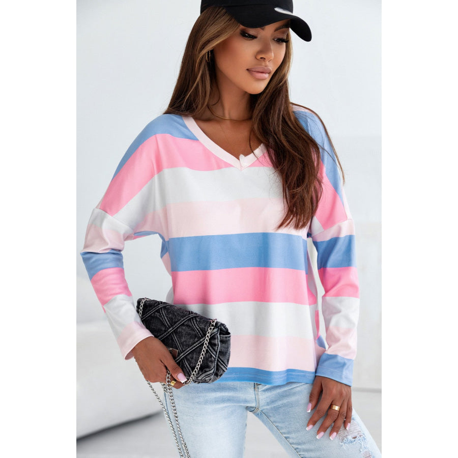 Color Block V-Neck Long Sleeve T-Shirt Watermelon pink / S Apparel and Accessories
