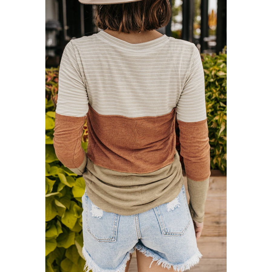 Color Block V-Neck Long Sleeve Top Apparel and Accessories