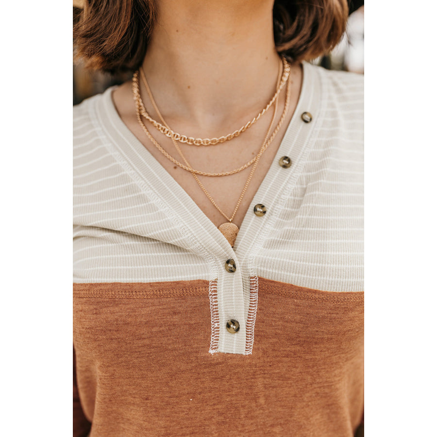 Color Block V-Neck Long Sleeve Top Apparel and Accessories