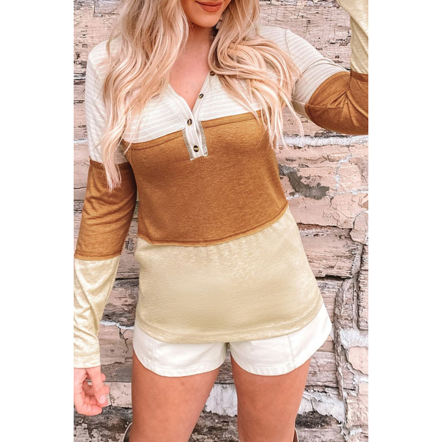 Color Block V-Neck Long Sleeve Top Apparel and Accessories