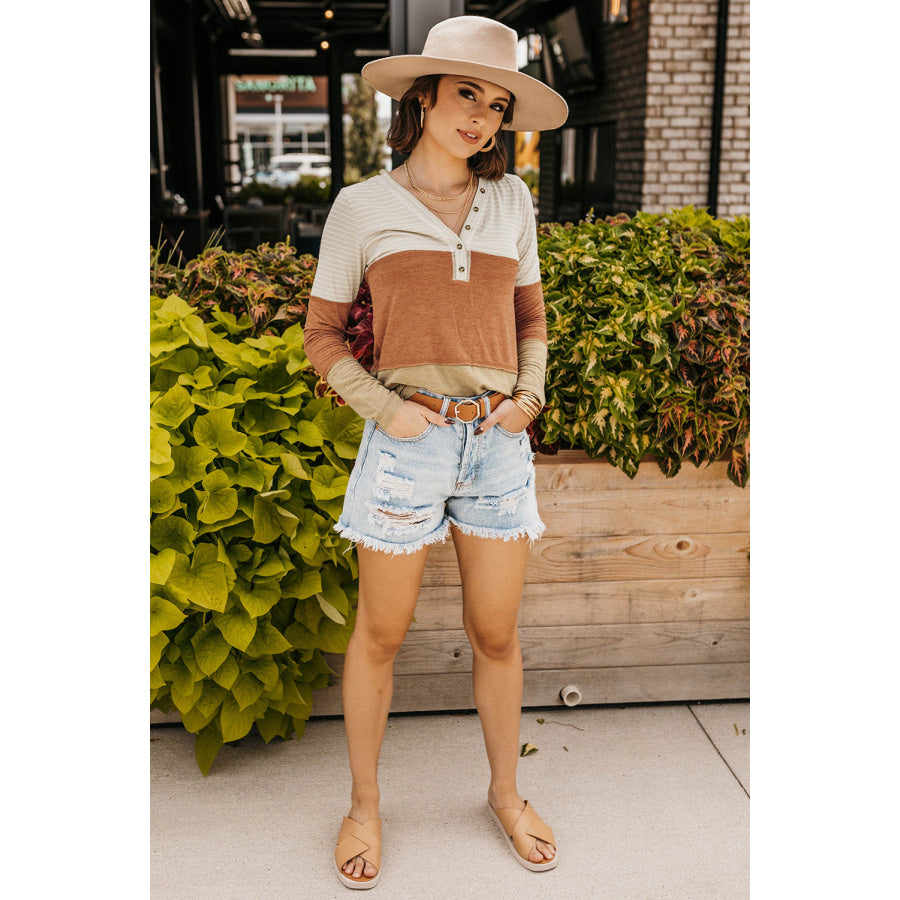 Color Block V-Neck Long Sleeve Top Apparel and Accessories