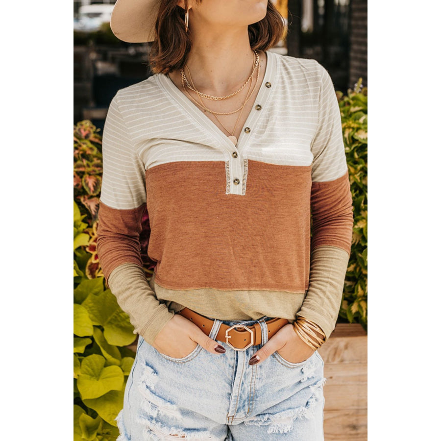 Color Block V-Neck Long Sleeve Top Camel / S Apparel and Accessories