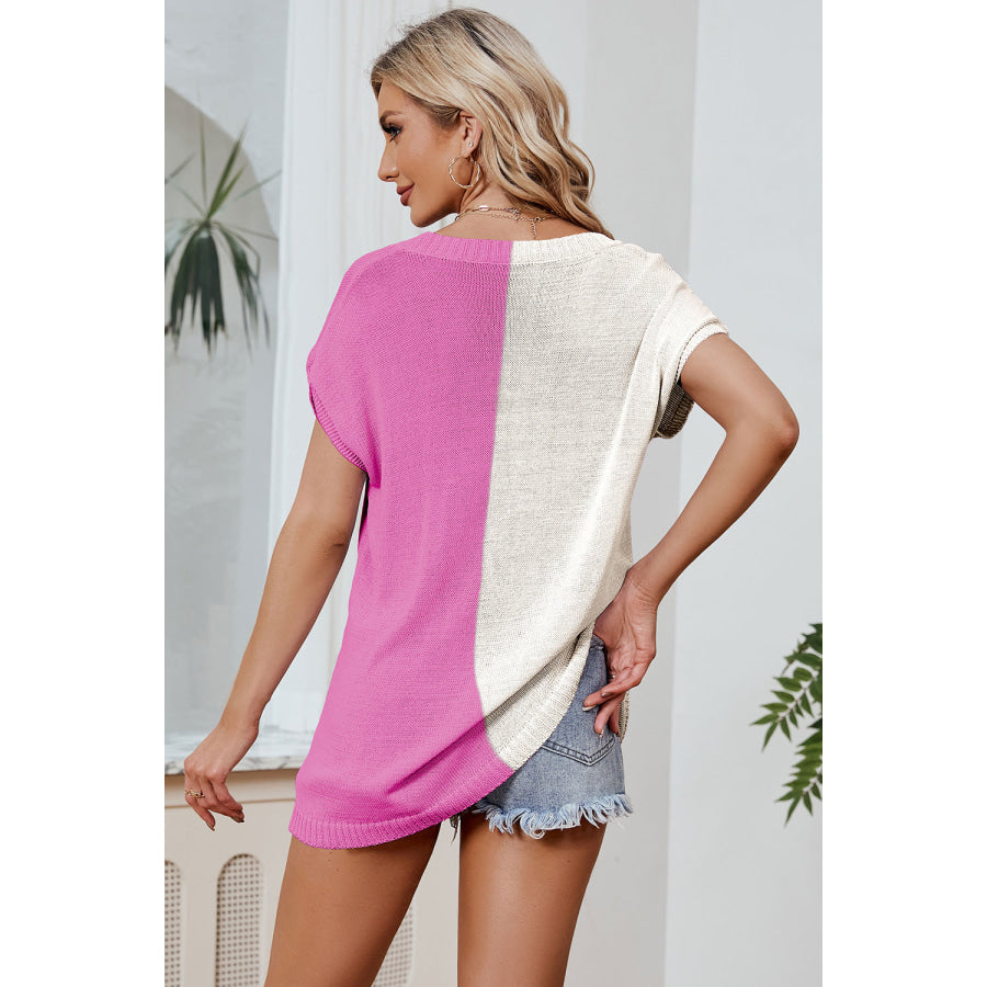 Color Block V - Neck Short Sleeve Knit Top Apparel and Accessories