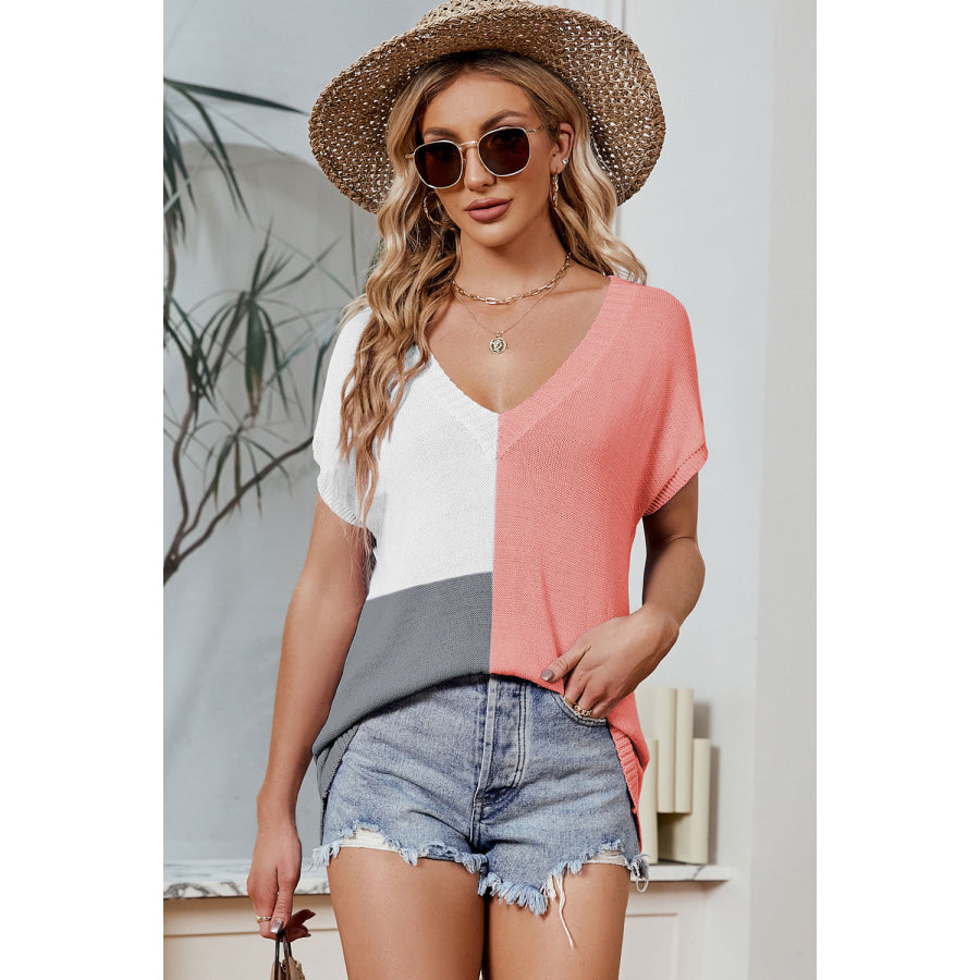 Color Block V - Neck Short Sleeve Knit Top Apparel and Accessories