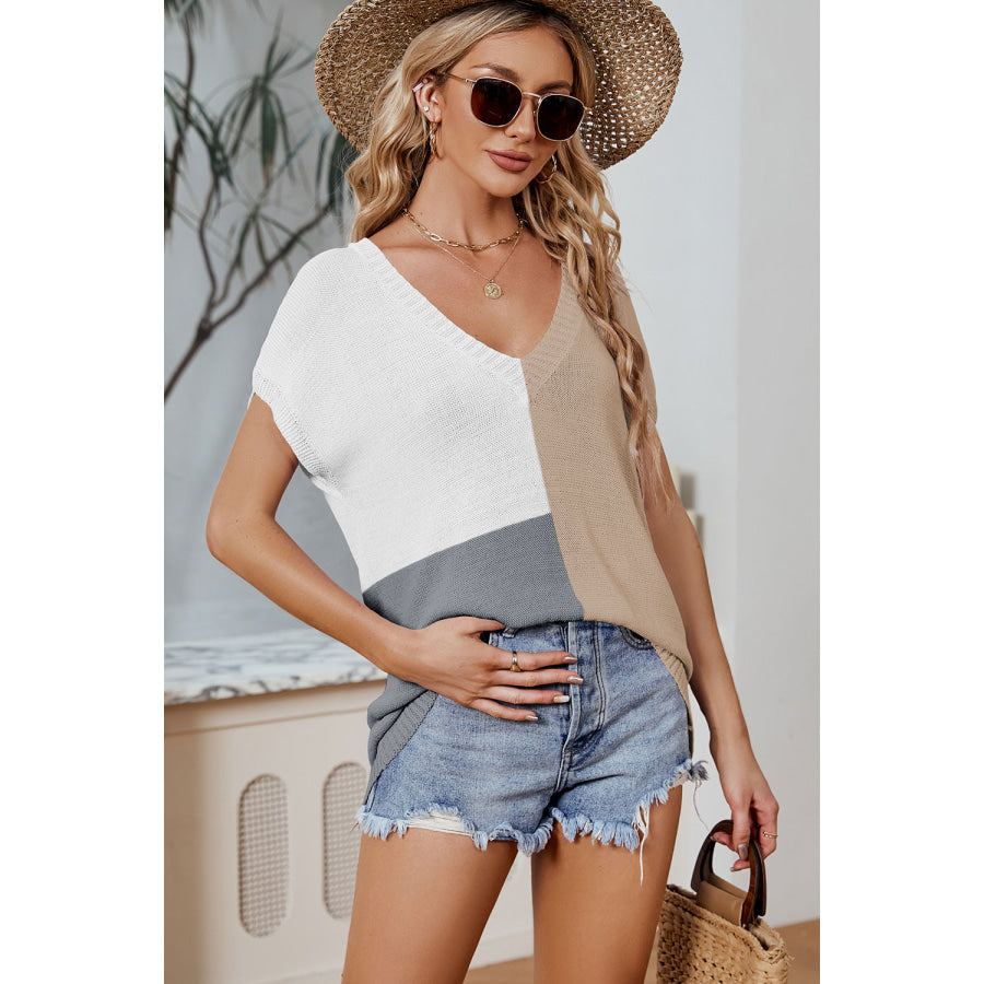 Color Block V - Neck Short Sleeve Knit Top Apparel and Accessories