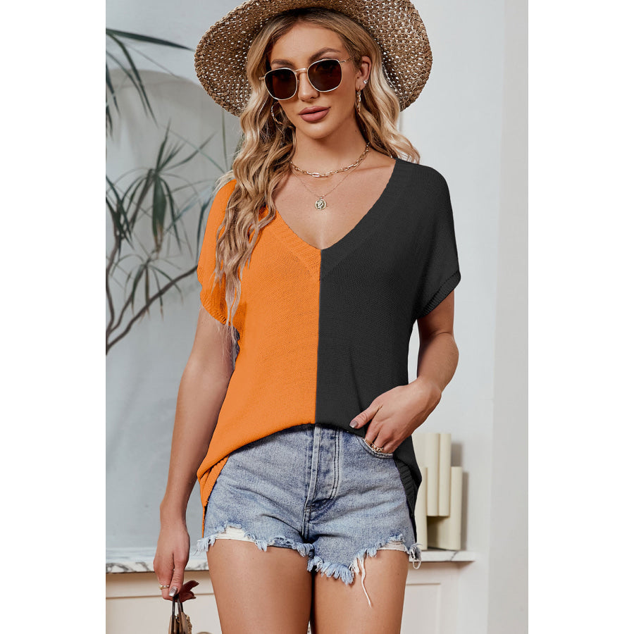 Color Block V - Neck Short Sleeve Knit Top Apparel and Accessories