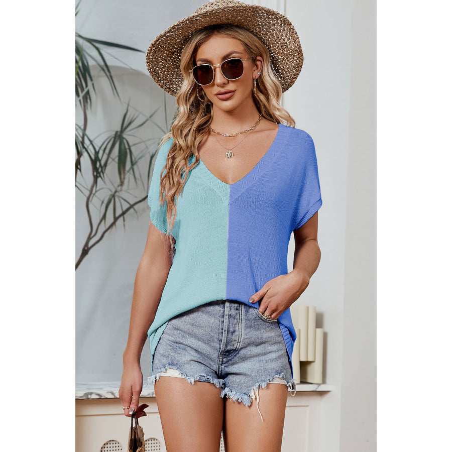 Color Block V - Neck Short Sleeve Knit Top Apparel and Accessories
