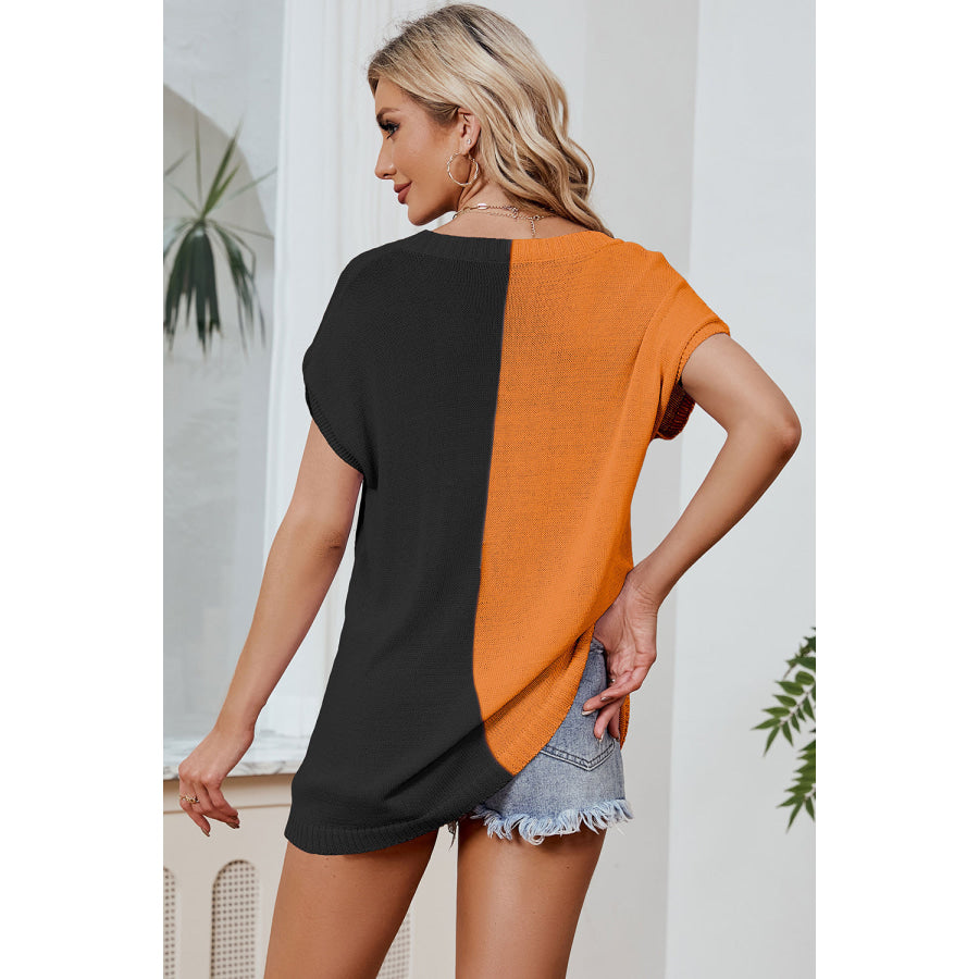 Color Block V - Neck Short Sleeve Knit Top Tangerine / S Apparel and Accessories
