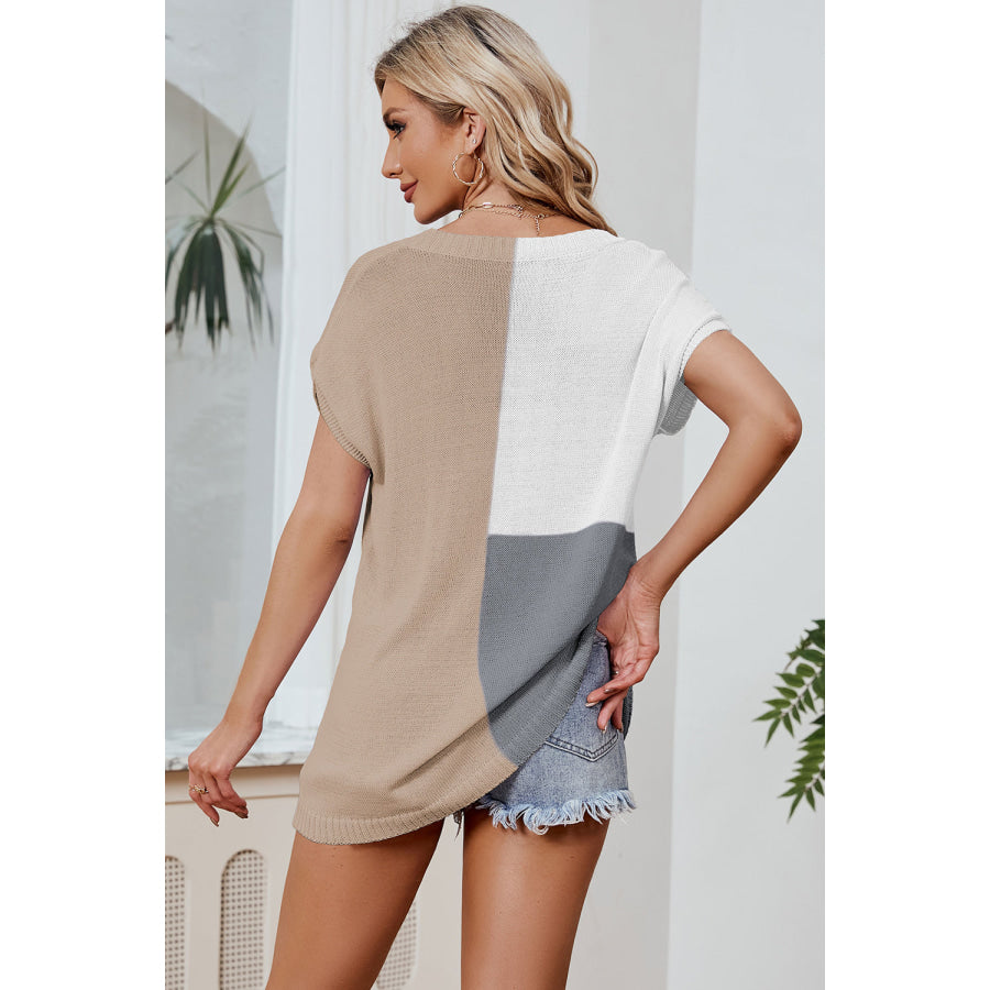 Color Block V - Neck Short Sleeve Knit Top Apparel and Accessories