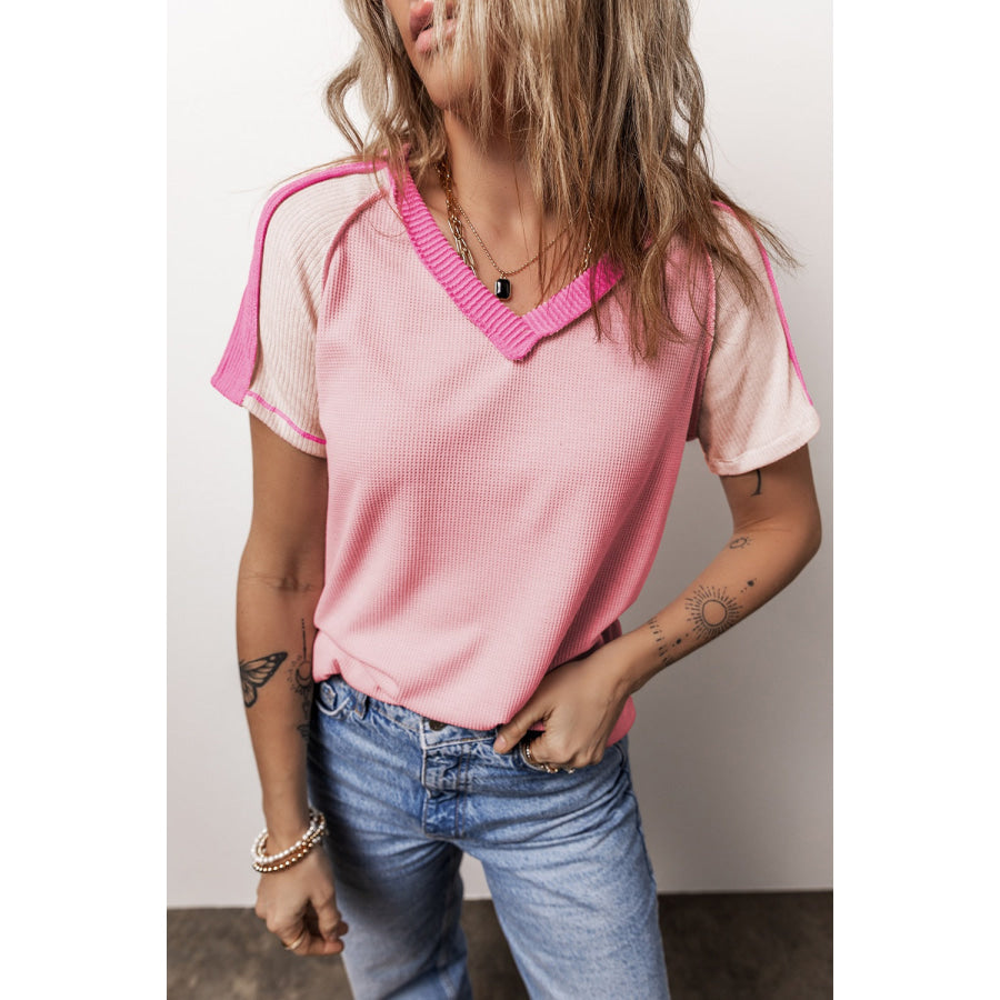 Color Block V - Neck Short Sleeve T - Shirt Dusty Pink / S Apparel and Accessories