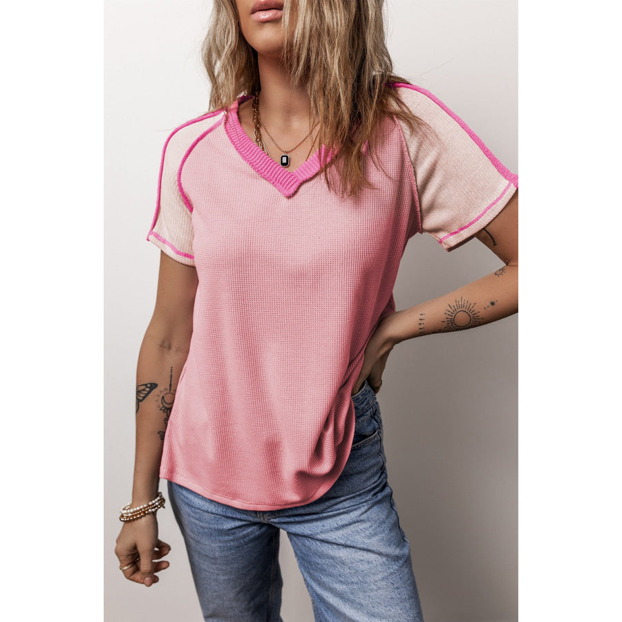 Color Block V - Neck Short Sleeve T - Shirt Dusty Pink / S Apparel and Accessories